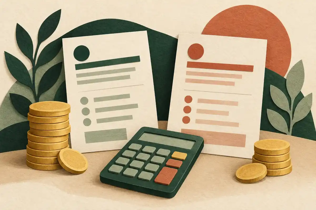 Paper-cut illustration of two loan offer sheets, a calculator and coin stacks
