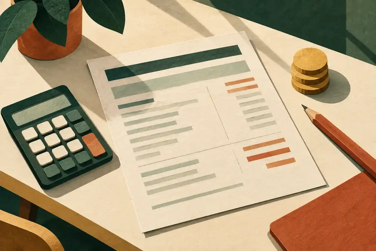Paper-cut illustration of a payslip, calculator and coins